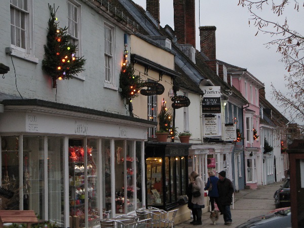 Christmas trees installed by the Alresford Pigs on Broad Street